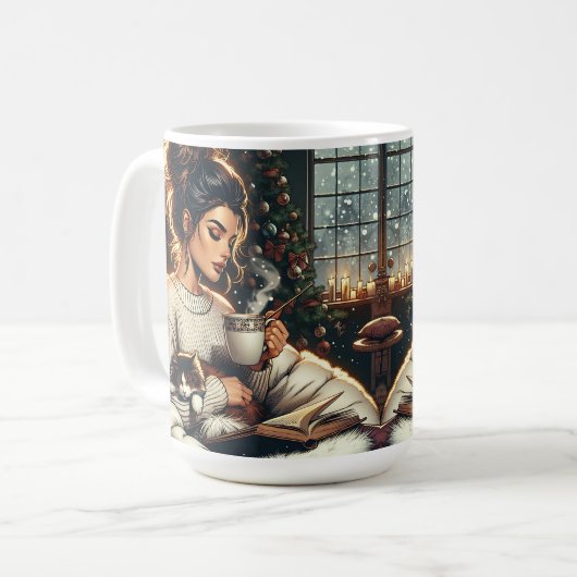 居心地の良いシーン | ココアを猫と一緒に飲む女性 コーヒーマグカップ (正面左)