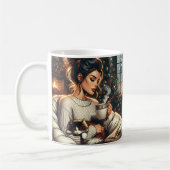 居心地の良いシーン | ココアを猫と一緒に飲む女性 コーヒーマグカップ (左)