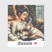 居心地の良いシーン | ココアを猫と一緒に飲む女性 シール (シート)