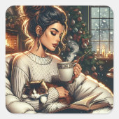 居心地の良いシーン | ココアを猫と一緒に飲む女性 スクエアシール (正面)