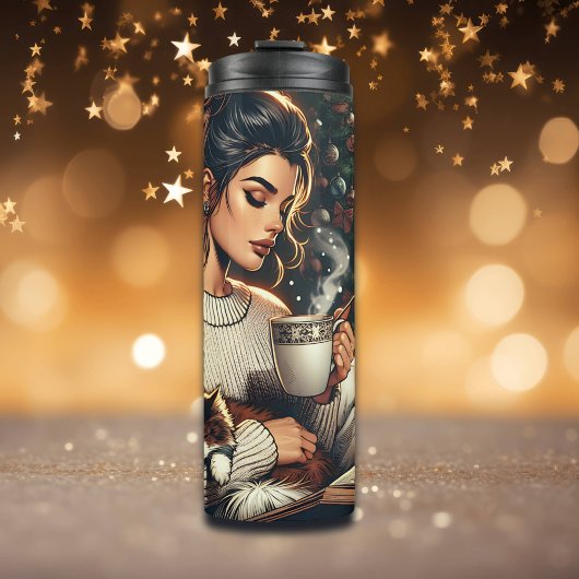 居心地の良いシーン | ココアを猫と一緒に飲む女性 タンブラー