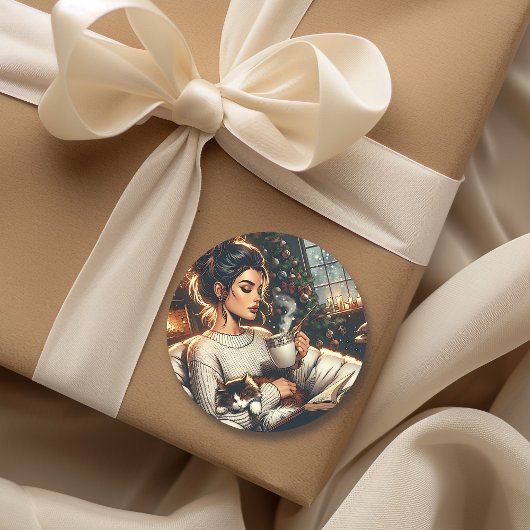 居心地の良いシーン | ココアを猫と一緒に飲む女性 ラウンドシール