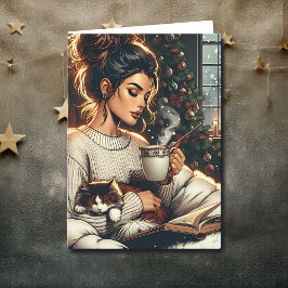 居心地の良いシーン | ココアクリスマスを飲む女性 カード