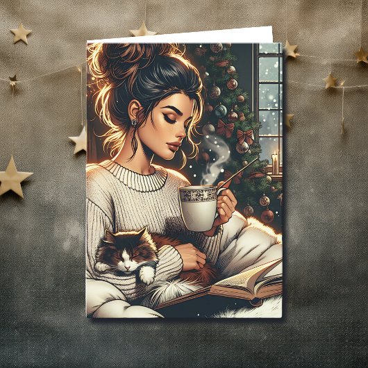 居心地の良いシーン | ココアクリスマスを飲む女性 カード