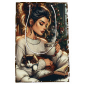 居心地の良いシーン | ココアクリスマスを飲む女性 ミディアムペーパーバッグ (正面)