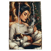 居心地の良いシーン | ココアクリスマスを飲む女性 ミディアムペーパーバッグ (裏面)