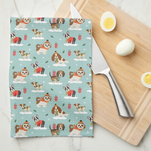 居心地の良いスカーフ模様のクリスマスドッグ キッチンタオル (四つ折り)
