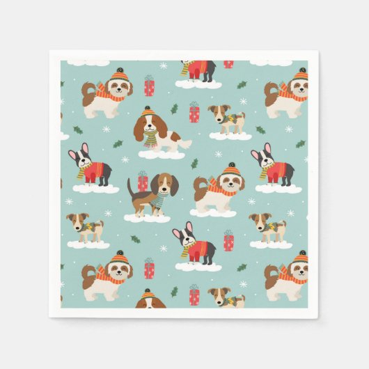 居心地の良いスカーフ模様のクリスマスドッグ スタンダードカクテルナプキン (正面)