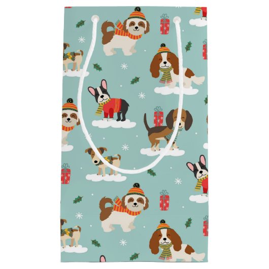 居心地の良いスカーフ模様のクリスマスドッグ スモールペーパーバッグ