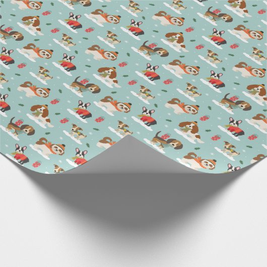居心地の良いスカーフ模様のクリスマスドッグ ラッピングペーパー (角)