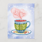 居心地の良いティーカップとピンクハート シーズンポストカード (正面)
