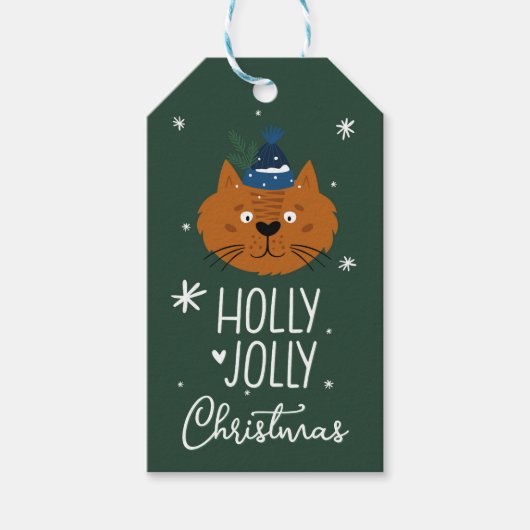 居心地の良いニットハットグリーンのかわいいクリスマスキャット ギフトタグ (正面)