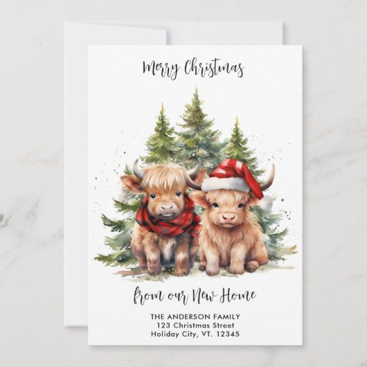 居心地の良いハイランドカウニューアドレスクリスマスムービング シーズンカード (正面)