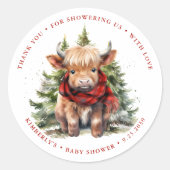 居心地の良いハイランドカウファーム動物の冬のベビーシャワー ラウンドシール (正面)