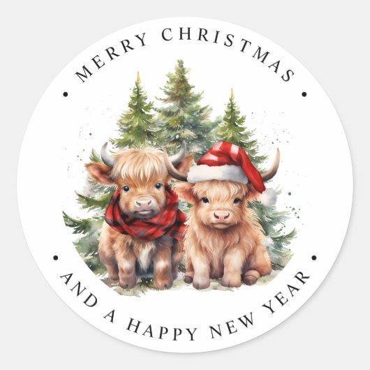 居心地の良いハイランドカウファーム動物メリークリスマス ラウンドシール (正面)