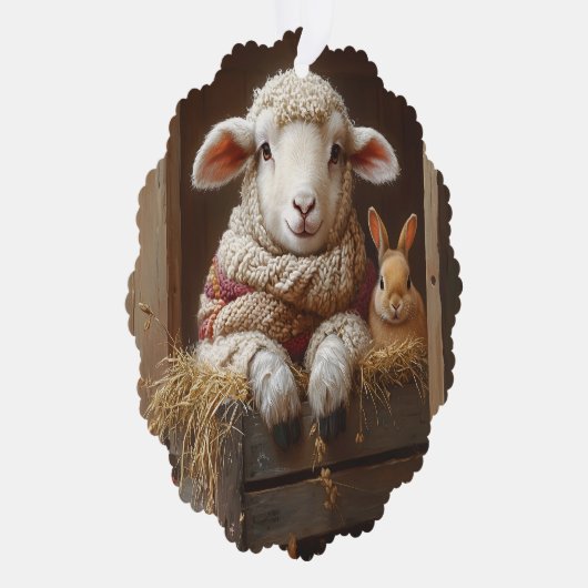 居心地の良いヒツジとウサギと納屋で花を咲かせる オーナメントカード (右)