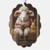 居心地の良いヒツジとウサギと納屋で花を咲かせる オーナメントカード (左)