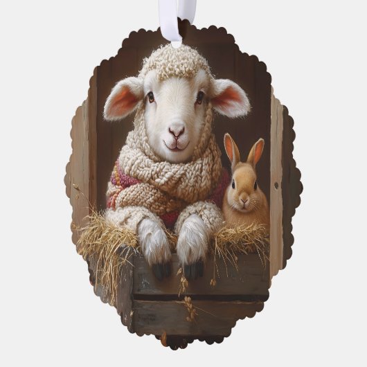 居心地の良いヒツジとウサギと納屋で花を咲かせる オーナメントカード (左)