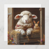居心地の良いヒツジとウサギと納屋で花を咲かせる シーズンカード (正面/裏面)