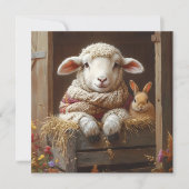 居心地の良いヒツジとウサギと納屋で花を咲かせる シーズンカード (正面)
