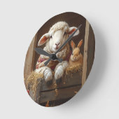 居心地の良いヒツジとウサギと納屋で花を咲かせる ラウンド壁時計 (傾斜)