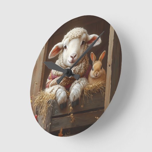 居心地の良いヒツジとウサギと納屋で花を咲かせる ラウンド壁時計 (傾斜)