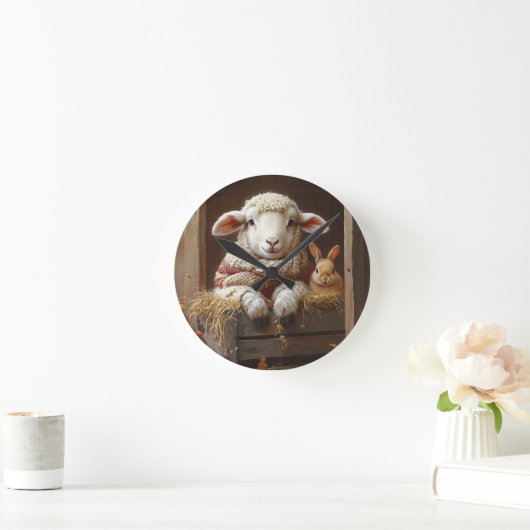 居心地の良いヒツジとウサギと納屋で花を咲かせる ラウンド壁時計 (ホーム)