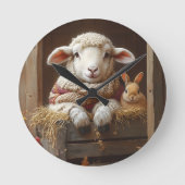 居心地の良いヒツジとウサギと納屋で花を咲かせる ラウンド壁時計 (正面)