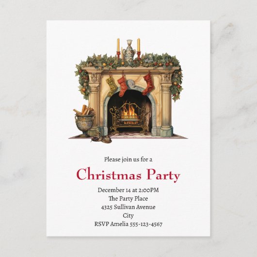 居心地の良いビクトリアン暖炉クリスマス インビテーションポストカード (正面)