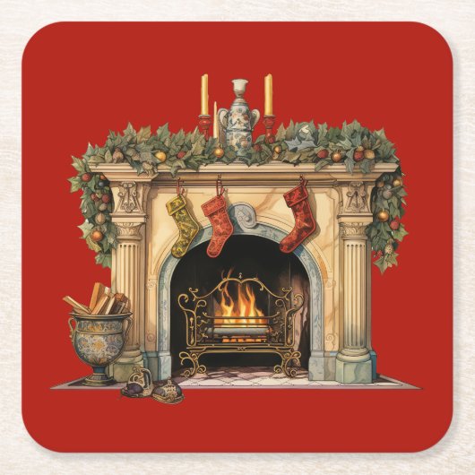 居心地の良いビクトリアン暖炉クリスマス スクエアペーパーコースター (正面)