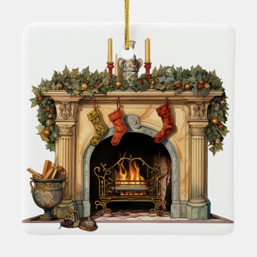 居心地の良いビクトリアン暖炉クリスマス セラミックオーナメント (裏面)