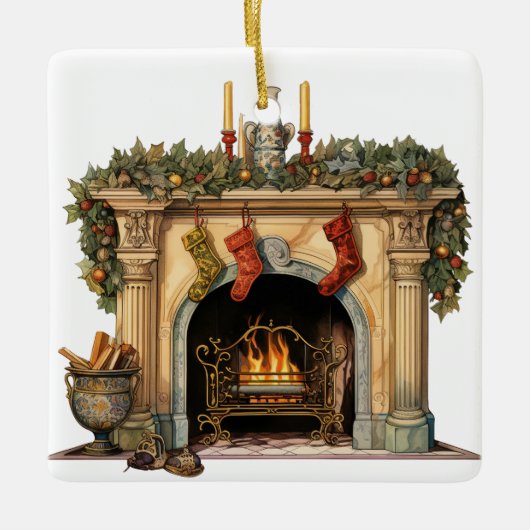 居心地の良いビクトリアン暖炉クリスマス セラミックオーナメント (正面)