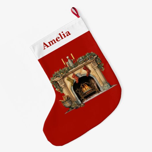 居心地の良いビクトリアン暖炉クリスマス ラージクリスマスストッキング (裏面 (吊り時))