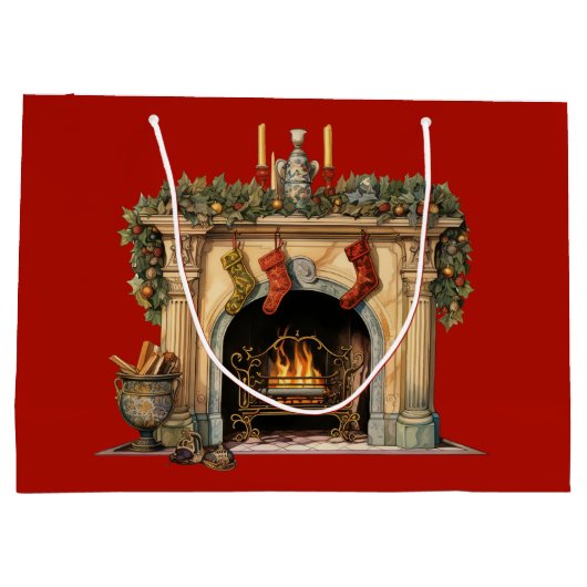 居心地の良いビクトリアン暖炉クリスマス ラージペーパーバッグ (裏面)