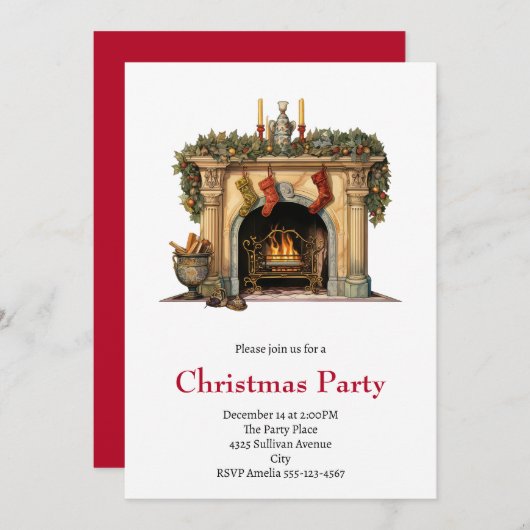 居心地の良いビクトリアン暖炉クリスマス 招待状 (正面/裏面)
