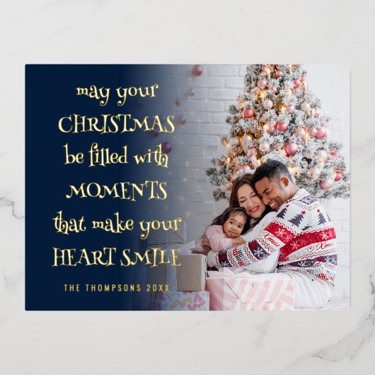 居心地の良いフェスティバル引用文フォトオーバーレイネイビークリスマス 箔シーズンポストカード (正面)