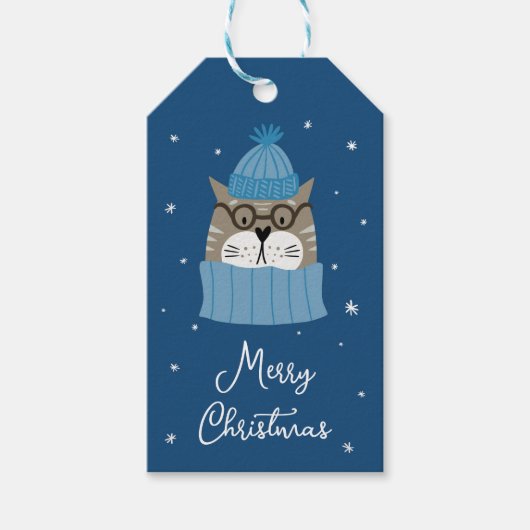 居心地の良いブルーのニットでかわいいクリスマス猫 ギフトタグ (正面)