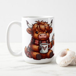 居心地の良いプレイドでホットドリンクを楽しむハイランドカウズ コーヒーマグカップ