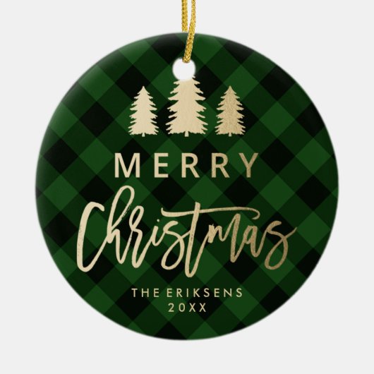 居心地の良いプレイド |緑と黒のバッファローのプレイド写真 セラミックオーナメント (正面)