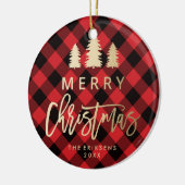 居心地の良いプレイド |赤と黒のバッファローのプレイド写真 セラミックオーナメント (左)