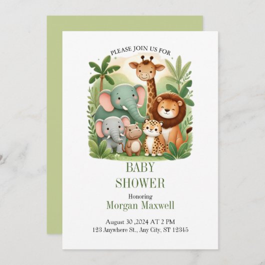 居心地の良いマンガサファリアニマルズベビーシャワー招待状 招待状 (正面/裏面)