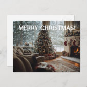 居心地の良いルームクリスマス、暖炉、木とストッキング ポストカード (正面/裏面)