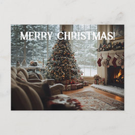 居心地の良いルームクリスマス、暖炉、木とストッキング ポストカード