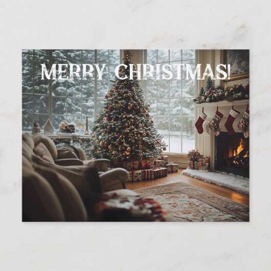 居心地の良いルームクリスマス、暖炉、木とストッキング ポストカード (正面)