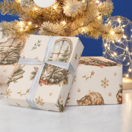 居心地の良いヴィンテージな眠り猫のコテージ クリスマス ラッピングペーパー