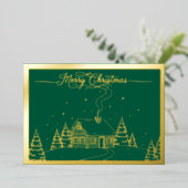 居心地の良い冬のキャビン、緑のメリークリスマス、金ゴールド 箔シーズンカード (立ち正面)
