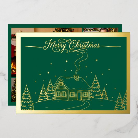 居心地の良い冬のキャビン、緑のメリークリスマス、金ゴールド 箔シーズンカード (正面/裏面)
