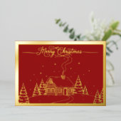 居心地の良い冬のキャビン、赤のメリークリスマス、金ゴールド 箔シーズンカード (立ち正面)