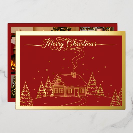 居心地の良い冬のキャビン、赤のメリークリスマス、金ゴールド 箔シーズンカード (正面/裏面)