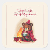 居心地の良い冬のクマと暖炉クリスマス応援 スクエアシール (正面)
